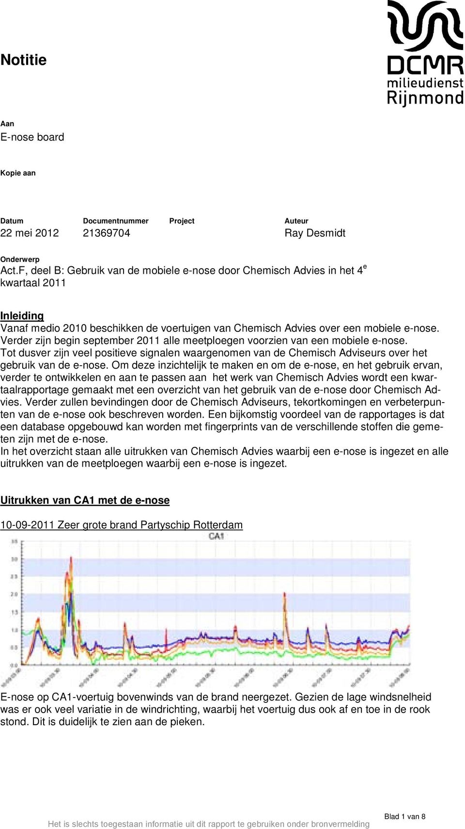 Verder zijn begin september 2011 alle meetploegen voorzien van een mobiele e-nose. Tot dusver zijn veel positieve signalen waargenomen van de Chemisch Adviseurs over het gebruik van de e-nose.