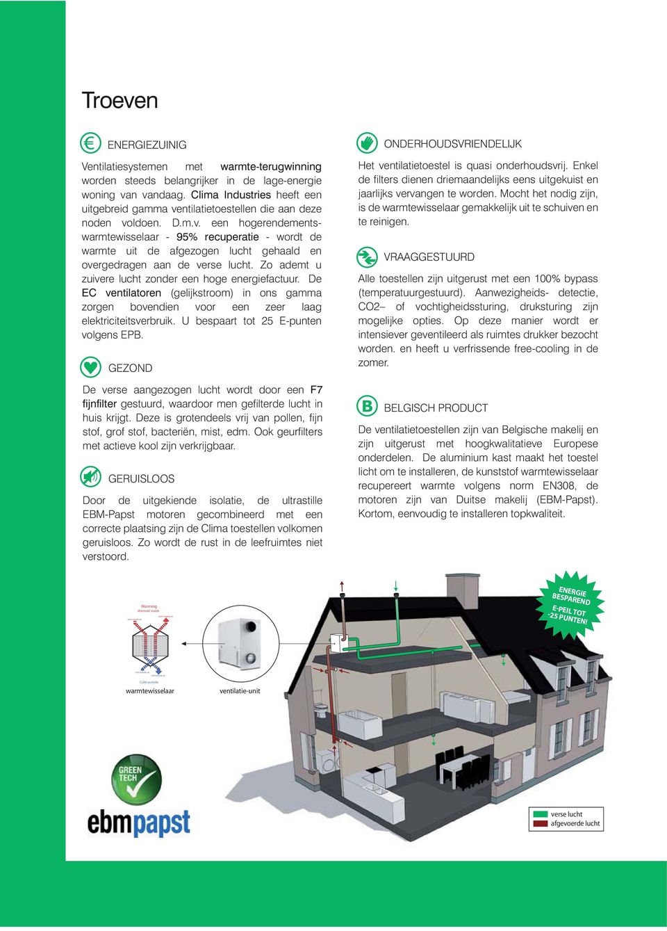 Zo ademt u zuivere lucht zonder een hoge energiefactuur. e ventilatoren (gelijkstroom) in ons gamma zorgen bovendien voor een zeer laag elektriciteitsverbruik. U bespaart tot 25 E-punten volgens EPB.