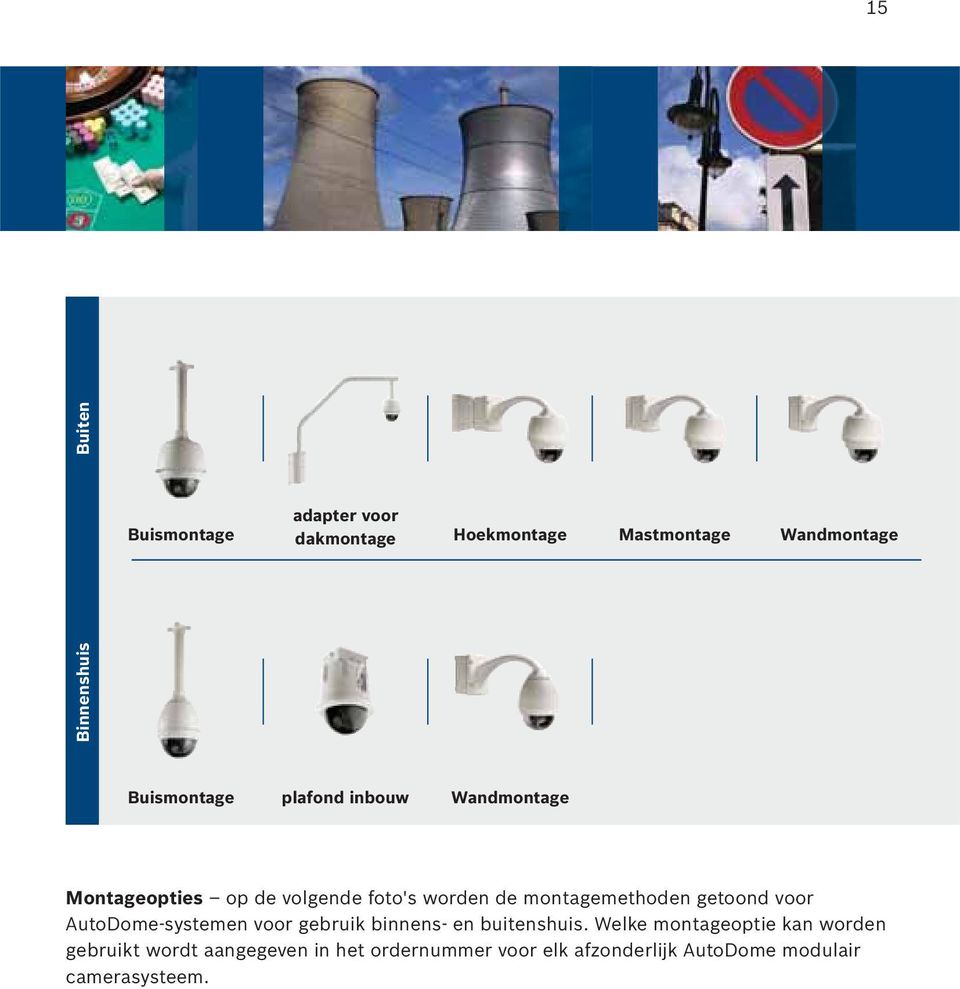 montagemethoden getoond voor AutoDome-systemen voor gebruik binnens- en buitenshuis.