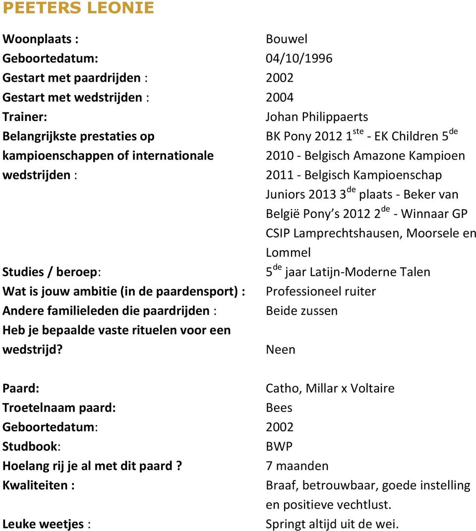 Lamprechtshausen, Moorsele en Lommel 5 de jaar Latijn-Moderne Talen Wat is jouw ambitie (in de paardensport) : Professioneel ruiter Andere familieleden die paardrijden : Beide zussen