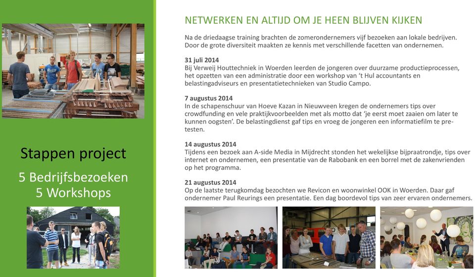 31 juli 2014 Bij Verweij Houttechniek in Woerden leerden de jongeren over duurzame productieprocessen, het opzetten van een administratie door een workshop van t Hul accountants en belastingadviseurs
