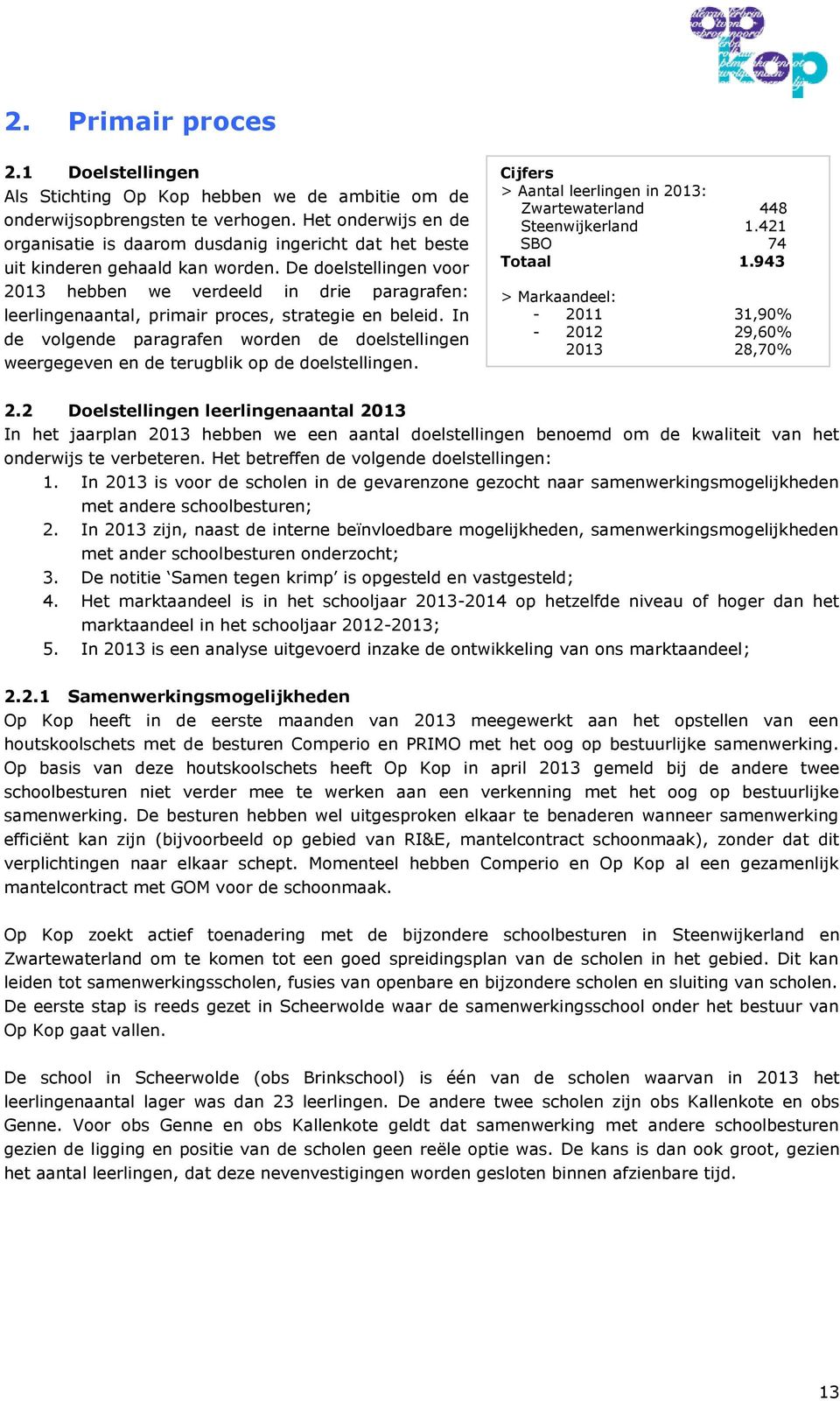 De doelstellingen voor 2013 hebben we verdeeld in drie paragrafen: leerlingenaantal, primair proces, strategie en beleid.