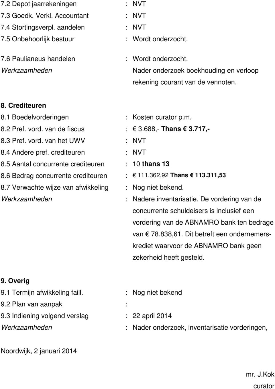 vord. van het UWV : NVT 8.4 Andere pref. crediteuren : NVT 8.5 Aantal concurrente crediteuren : 10 thans 13 8.6 Bedrag concurrente crediteuren : 111.362,92 Thans 113.311,53 8.