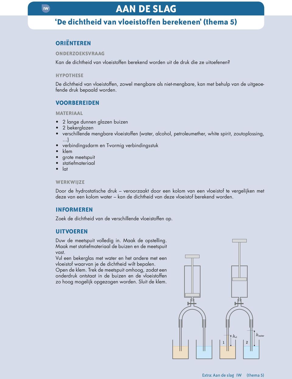 2 lange dunnen glazen buizen 2 bekerglazen verschillende mengbare vloeistoffen (water, alcohol, petroleumether, white spirit, zoutoplossing, ) verbindingsdarm en T-vormig verbindingsstuk klem grote