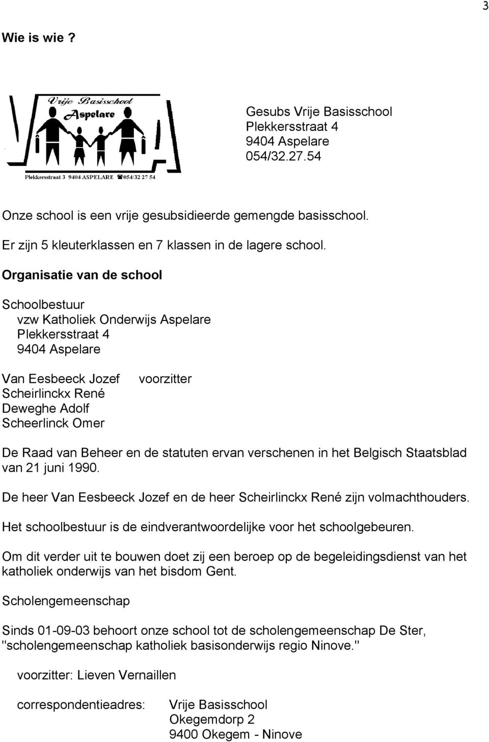 Organisatie van de school Schoolbestuur vzw Katholiek Onderwijs Aspelare Plekkersstraat 4 9404 Aspelare Van Eesbeeck Jozef Scheirlinckx René Deweghe Adolf Scheerlinck Omer voorzitter De Raad van