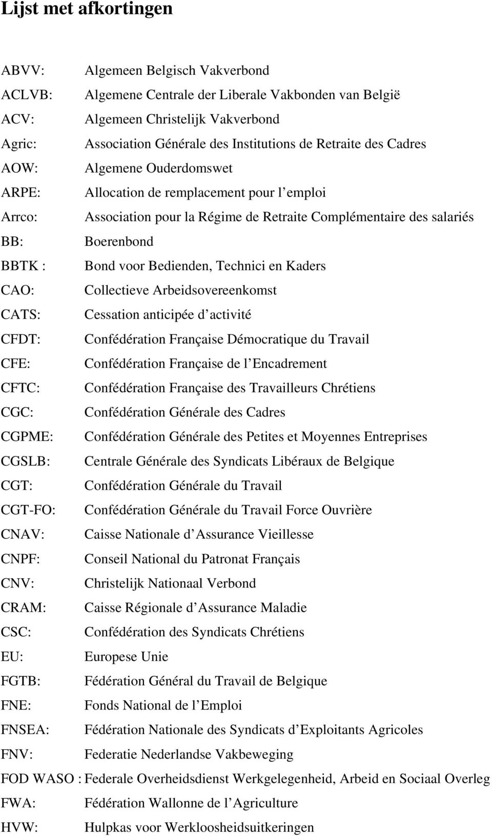 voor Bedienden, Technici en Kaders CAO: Collectieve Arbeidsovereenkomst CATS: Cessation anticipée d activité CFDT: Confédération Française Démocratique du Travail CFE: Confédération Française de l