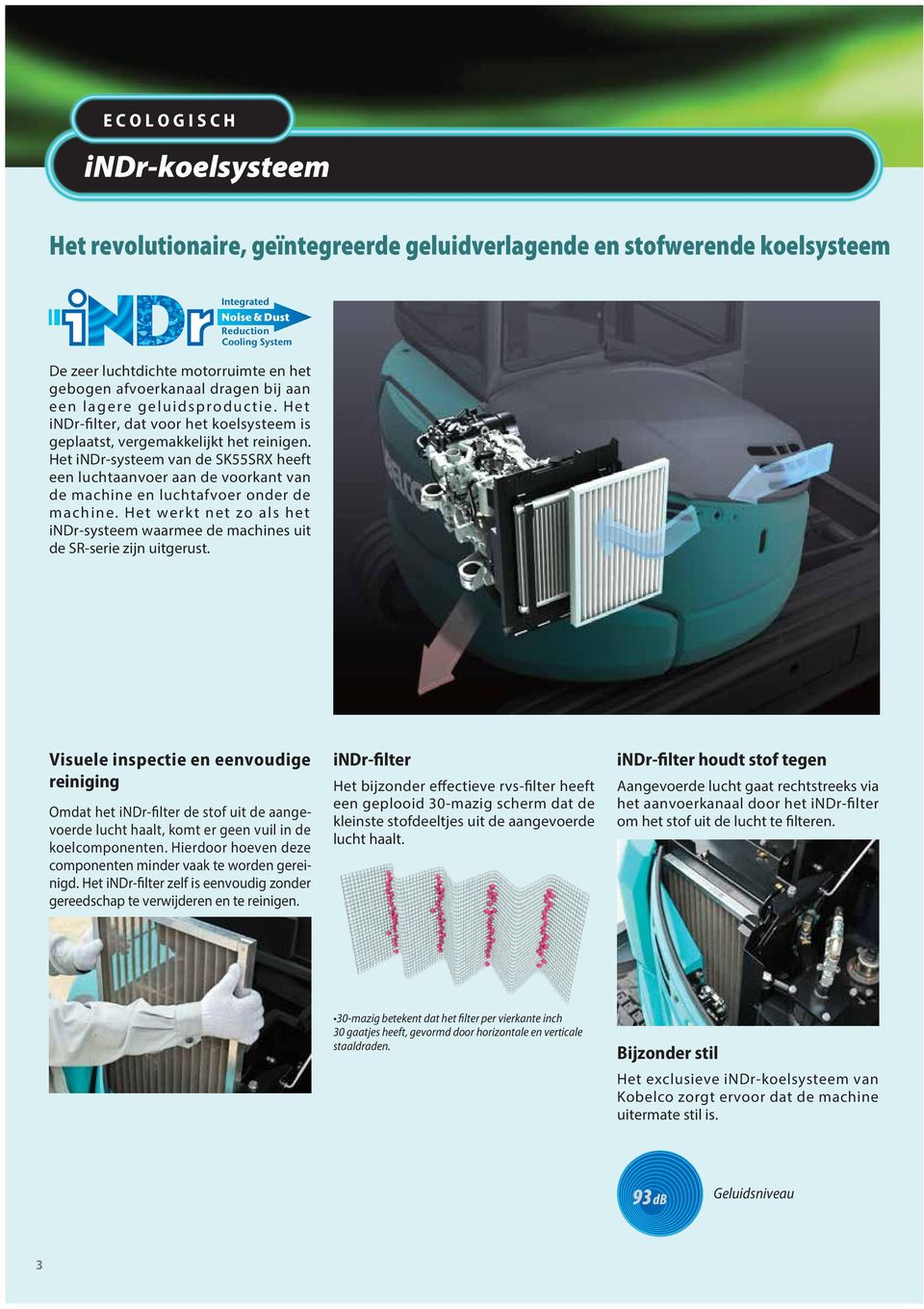 Het indr-systeem van de SK55SRX heeft een luchtaanvoer aan de voorkant van de machine en luchtafvoer onder de machine.