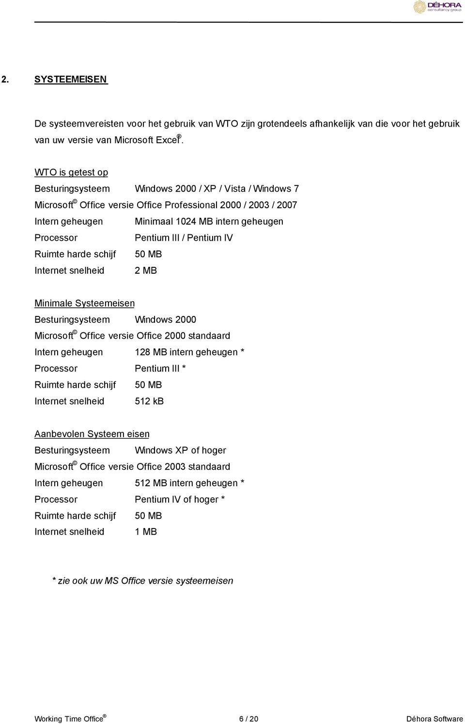 Pentium III / Pentium IV Ruimte harde schijf 50 MB Internet snelheid 2 MB Minimale Systeemeisen Besturingsysteem Windows 2000 Microsoft Office versie Office 2000 standaard Intern geheugen 128 MB