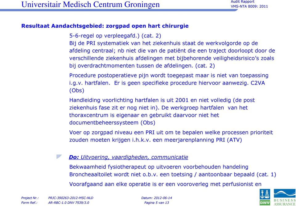 bijbehorende veiligheidsrisico s zoals bij overdrachtmomenten tussen de afdelingen. (cat. 2) Procedure postoperatieve pijn wordt toegepast maar is niet van toepassing i.g.v. hartfalen.