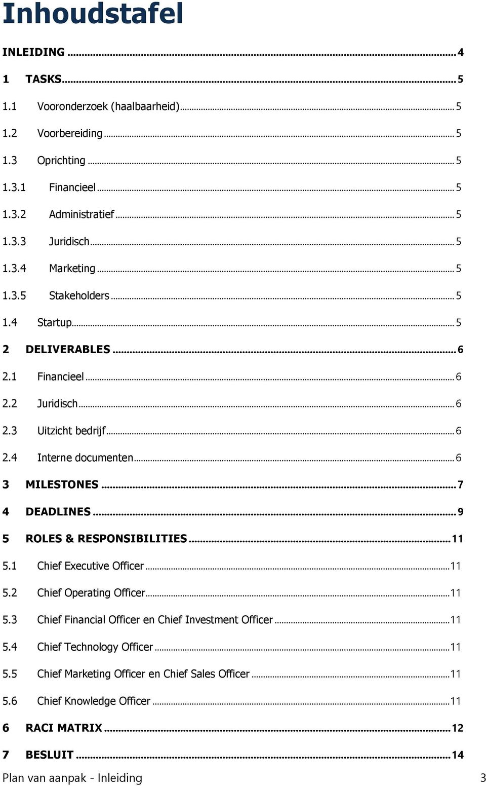 .. 6 3 MILESTONES... 7 4 DEADLINES... 9 5 ROLES & RESPONSIBILITIES... 11 5.1 Chief Executive Officer... 11 5.2 Chief Operating Officer... 11 5.3 Chief Financial Officer en Chief Investment Officer.