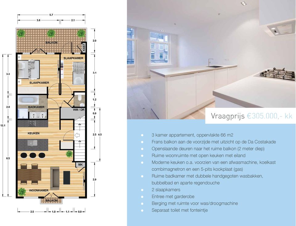 naar het ruime balkon (2 meter diep) Ruime woonruimte met open keuken met eiland Moderne keuken o.a. voorzien van een