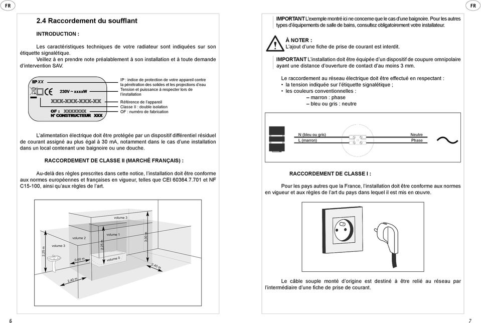 IP : indice de protection de votre appareil contre la pénétration des solides et les projections d eau Tension et puissance à respecter lors de l installation Référence de l appareil Classe II :