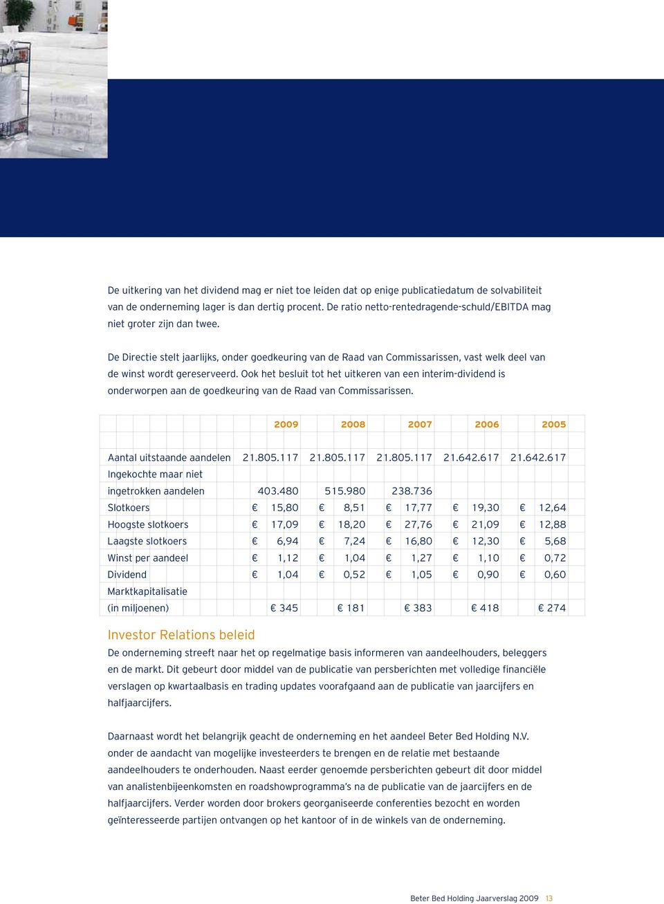 Ook het besluit tot het uitkeren van een interim-dividend is onderworpen aan de goedkeuring van de Raad van Commissarissen. 2009 2008 2007 2006 2005 Aantal uitstaande aandelen 21.805.117 21.805.117 21.805.117 21.642.