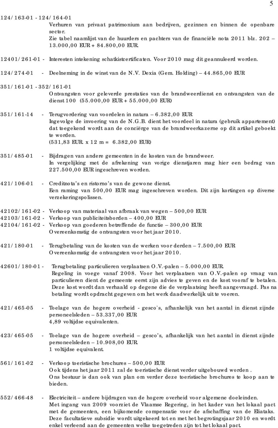 865,00 EUR 351/161-01 - 352/161-01 Ontvangsten voor geleverde prestaties van de brandweerdienst en ontvangsten van de dienst 100 (55.000,00 EUR + 55.