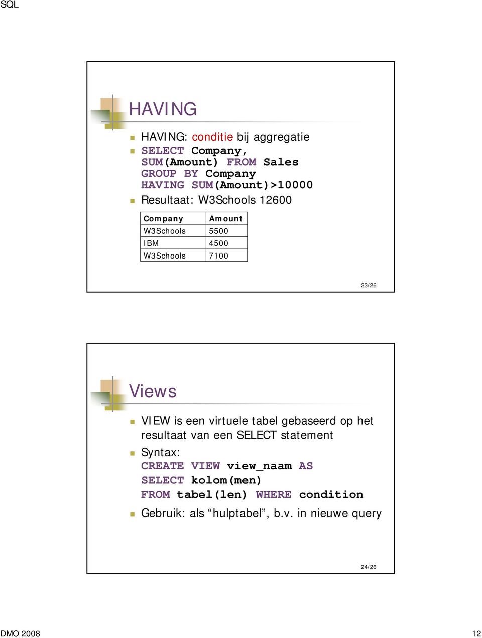 Views VIEW is een virtuele tabel gebaseerd op het resultaat van een SELECT statement Syntax: CREATE VIEW