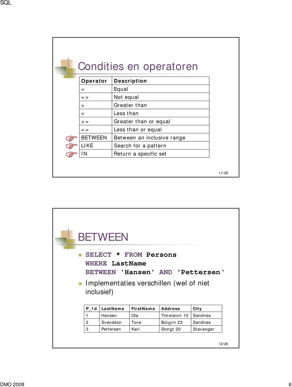 FROM Persons WHERE LastName BETWEEN 'Hansen' AND 'Pettersen Implementaties verschillen (wel of niet inclusief) P_Id LastName