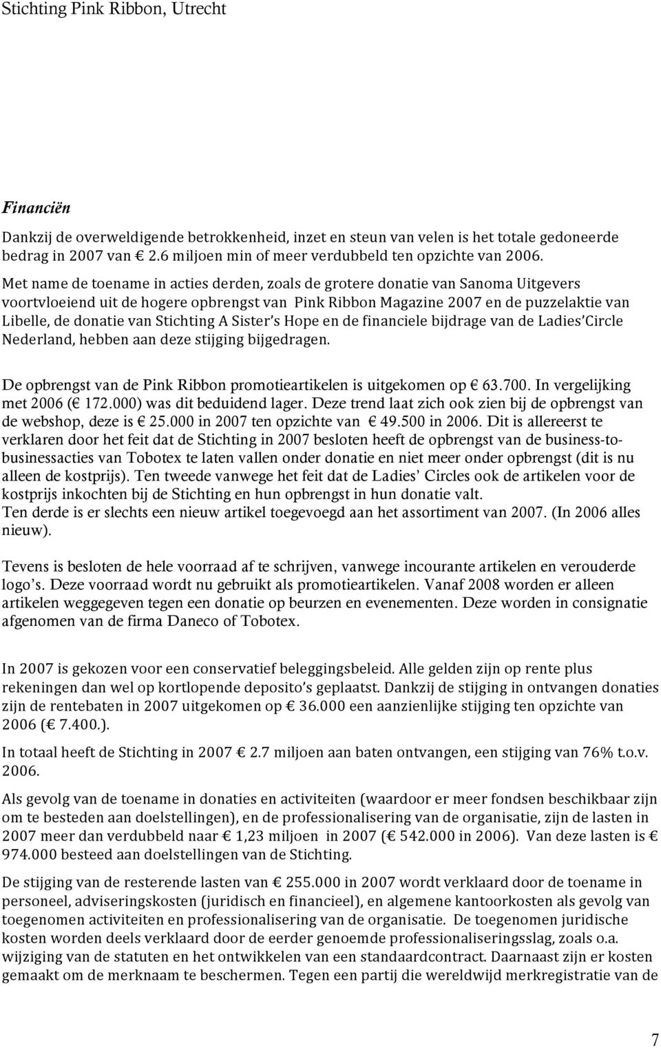 shopeendefinancielebijdragevandeladies Circle Nederland,hebbenaandezestijgingbijgedragen. De opbrengst van de Pink Ribbon promotieartikelen is uitgekomen op 63.700. In vergelijking met 2006 ( 172.