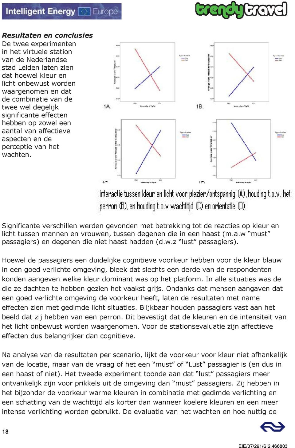 Significante verschillen werden gevonden met betrekking tot de reacties op kleur en licht tussen mannen en vrouwen, tussen degenen die in een haast (m.a.w must passagiers) en degenen die niet haast hadden (d.