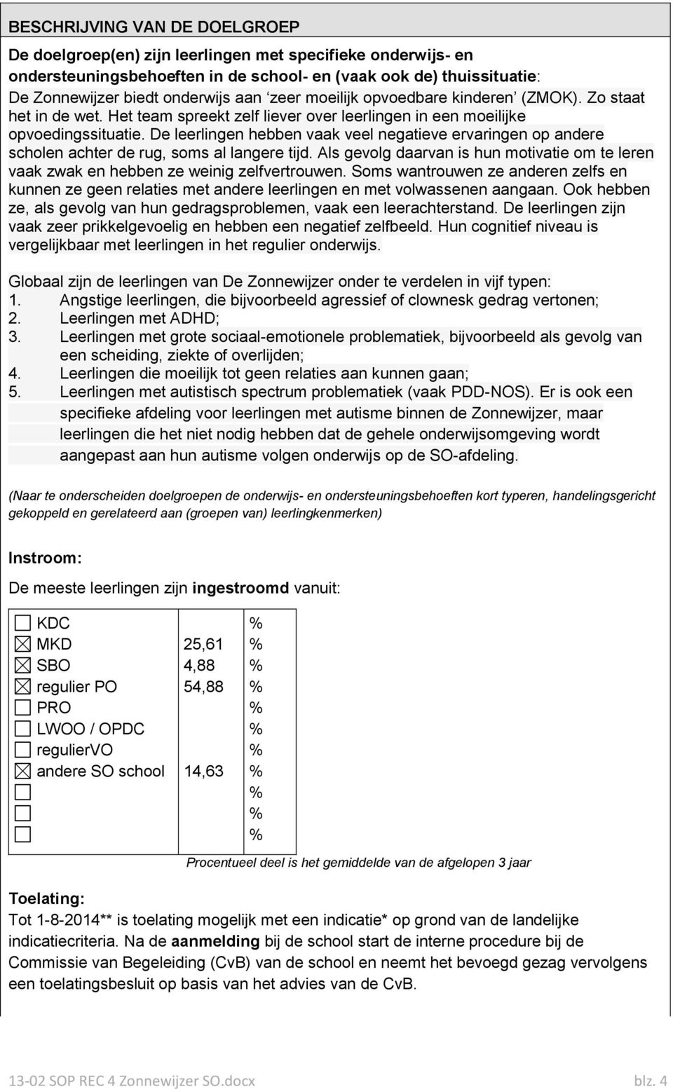 De leerlingen hebben vaak veel negatieve ervaringen op andere scholen achter de rug, soms al langere tijd. Als gevolg daarvan is hun motivatie om te leren vaak zwak en hebben ze weinig zelfvertrouwen.