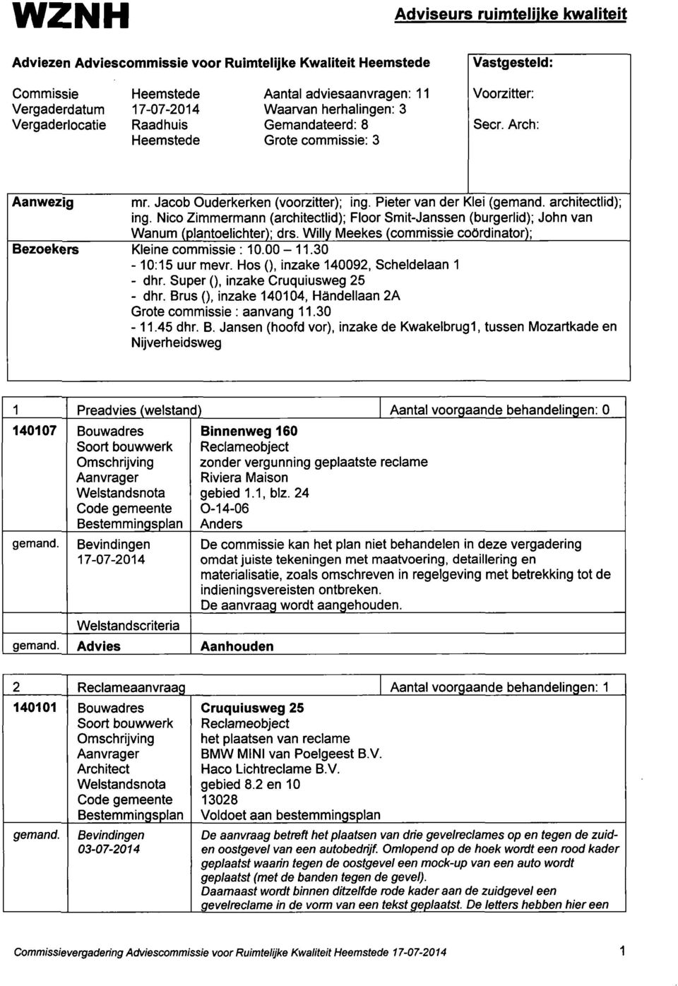 Nico Zimmermann (architectlid); Floor Smit-Janssen (burgerlid); John van Wanum (plantoelichter); drs. Willy Meekes (commissie coördinator); Bezoekers Kleine commissie : 10.00-11.30-10:15 uur mevr.