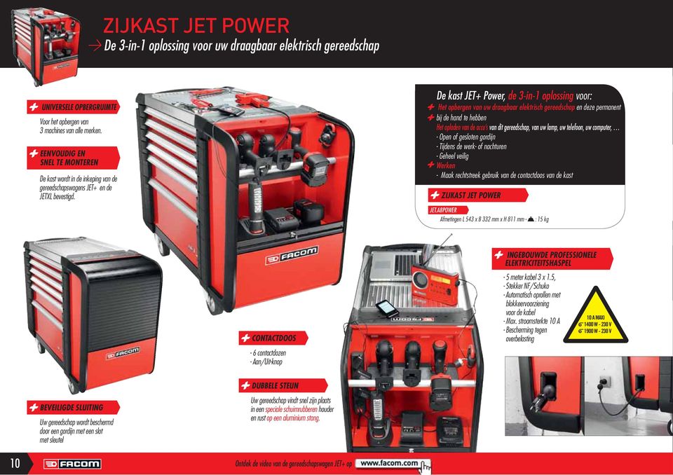 De kast JET+ Power, de 3-in-1 oplossing voor: Het opbergen van uw draagbaar elektrisch gereedschap en deze permanent bij de hand te hebben Het opladen van de accu s van dit gereedschap, van uw lamp,