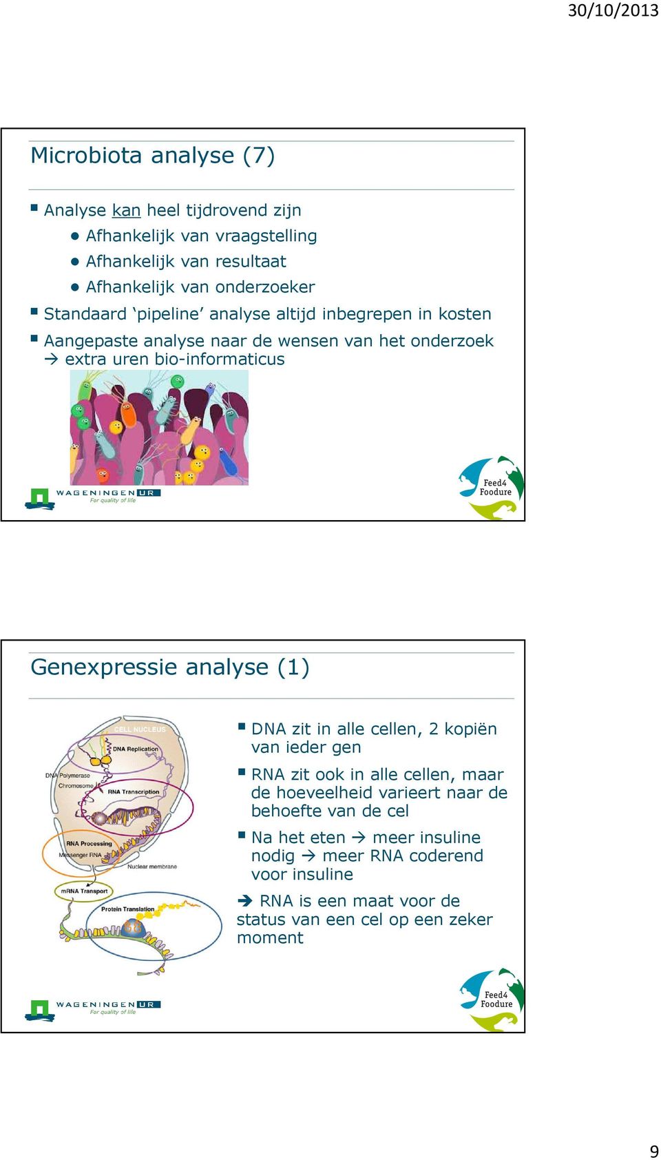 Genexpressie analyse (1) DNA zit in alle cellen, 2 kopiën van ieder gen RNA zit ook in alle cellen, maar de hoeveelheid varieert naar de