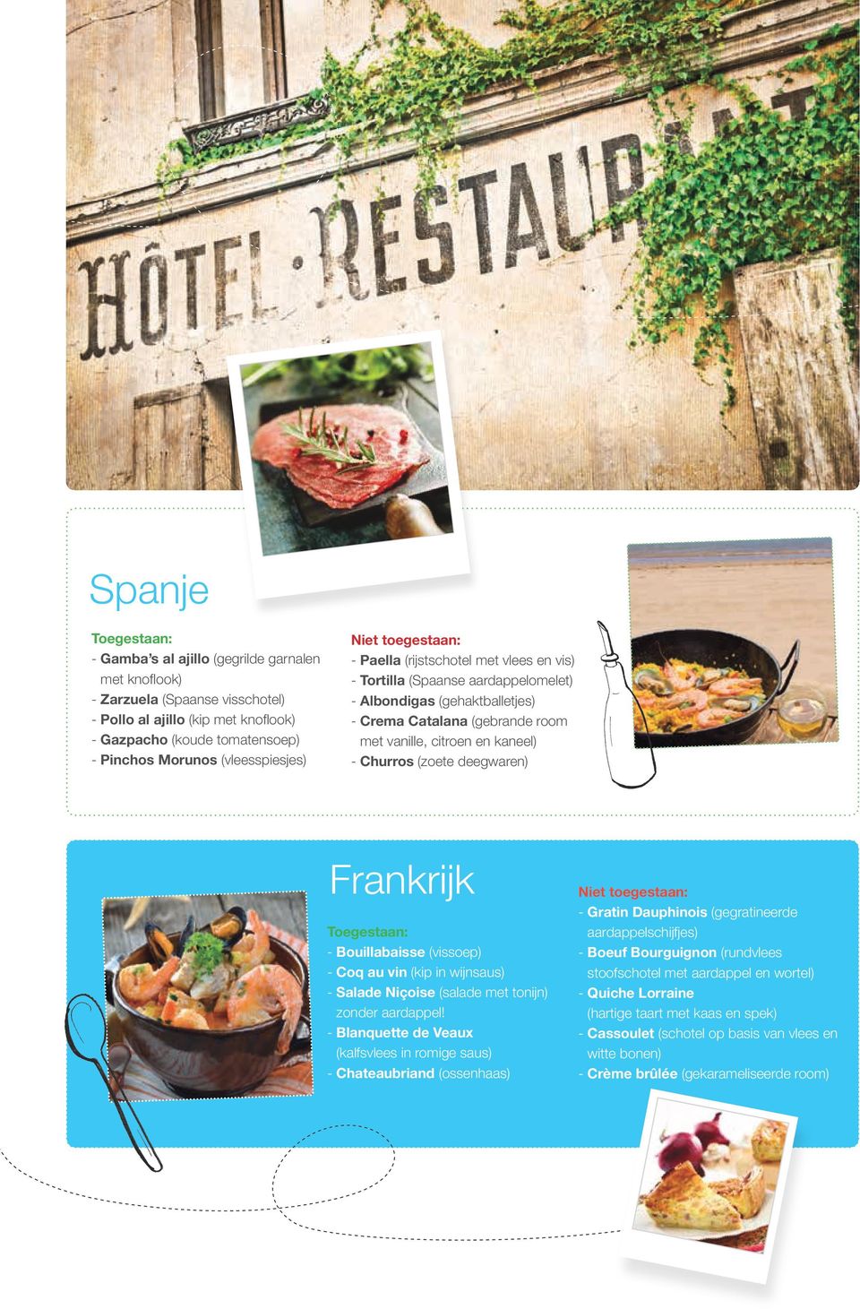 Frankrijk - Bouillabaisse (vissoep) - Coq au vin (kip in wijnsaus) - Salade Niçoise (salade met tonijn) zonder aardappel!