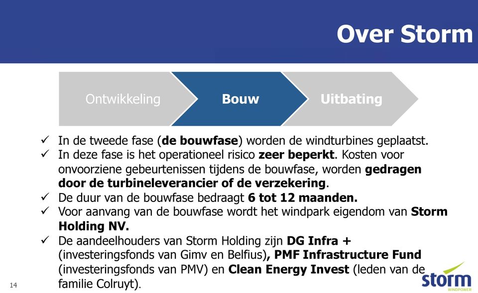 Kosten voor onvoorziene gebeurtenissen tijdens de bouwfase, worden gedragen door de turbineleverancier of de verzekering.