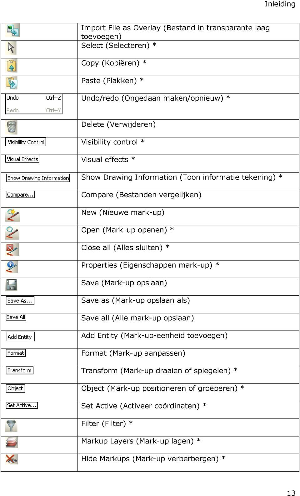 Properties (Eigenschappen mark-up) * Save (Mark-up opslaan) Save as (Mark-up opslaan als) Save all (Alle mark-up opslaan) Add Entity (Mark-up-eenheid toevoegen) Format (Mark-up aanpassen) Transform