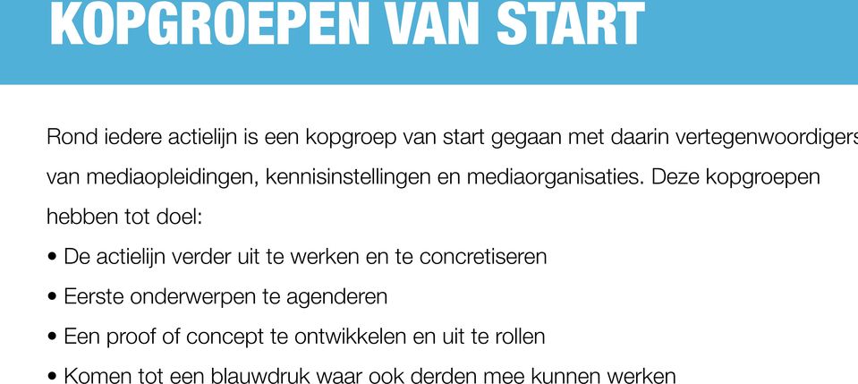 Deze kopgroepen hebben tot doel: De actielijn verder uit te werken en te concretiseren Eerste