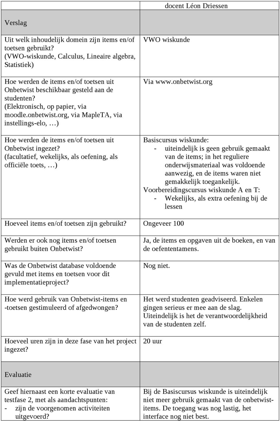 Voorbereidingscursus wiskunde A en T: - Wekelijks, als extra oefening bij de lessen Hoeveel items en/of toetsen zijn gebruikt?