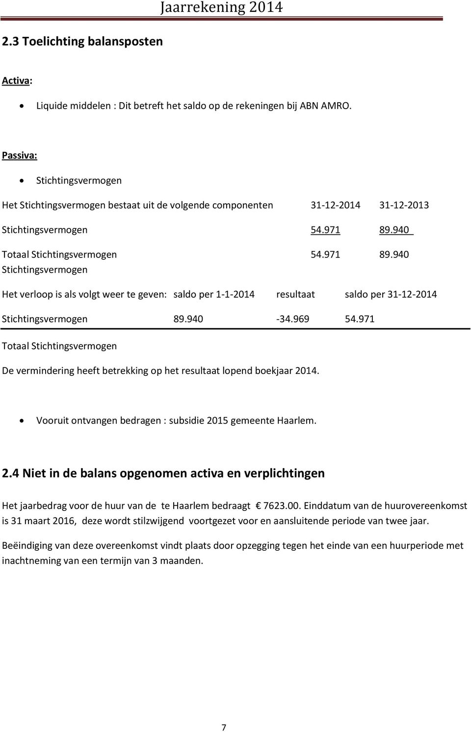 940 Totaal Stichtingsvermogen 54.971 89.940 Stichtingsvermogen Het verloop is als volgt weer te geven: saldo per 1-1-2014 resultaat saldo per 31-12-2014 Stichtingsvermogen 89.940-34.969 54.