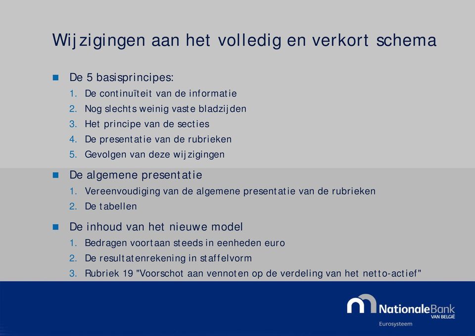 Gevolgen van deze wijzigingen De algemene presentatie 1. Vereenvoudiging van de algemene presentatie van de rubrieken 2.