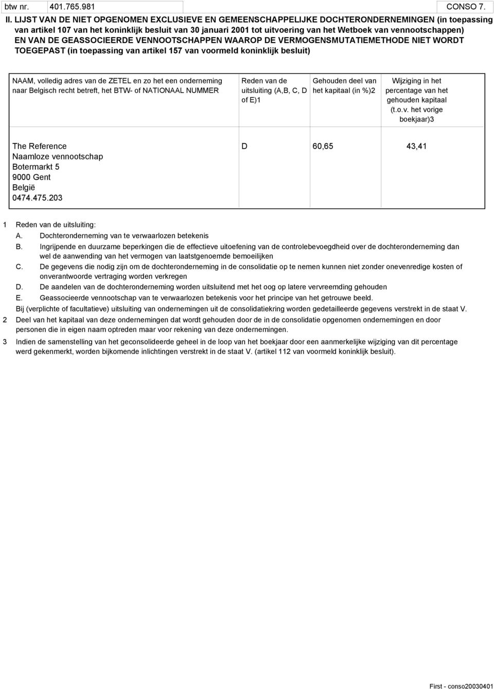 vennootschappen) EN VAN DE GEASSOCIEERDE VENNOOTSCHAPPEN WAAROP DE VERMOGENSMUTATIEMETHODE NIET WORDT TOEGEPAST (in toepassing van artikel 157 van voormeld koninklijk besluit) NAAM, volledig adres