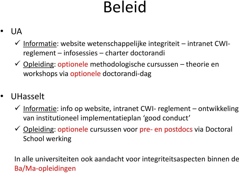 intranet CWI- reglement ontwikkeling van institutioneel implementatieplan good conduct Opleiding: optionele cursussen voor