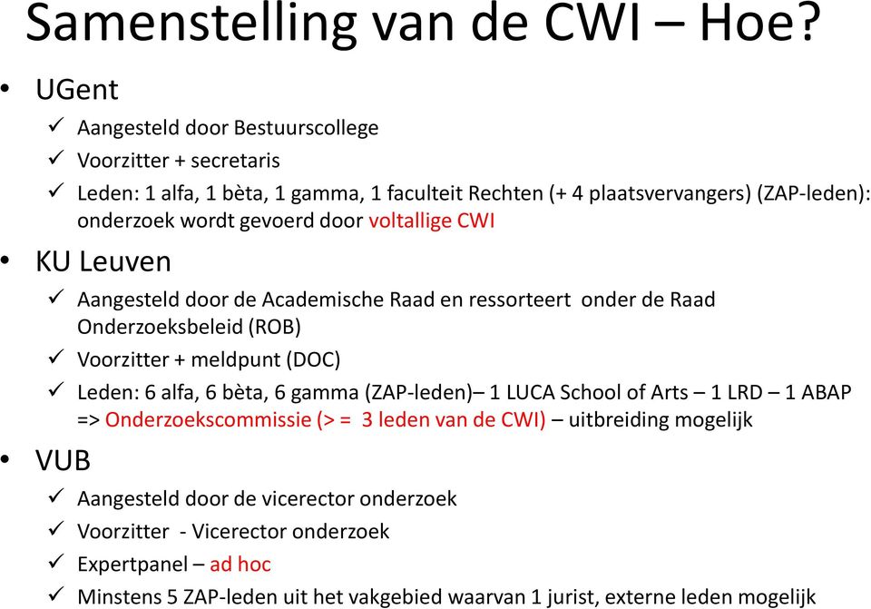 gevoerd door voltallige CWI KU Leuven Aangesteld door de Academische Raad en ressorteert onder de Raad Onderzoeksbeleid (ROB) Voorzitter + meldpunt (DOC) Leden: 6 alfa,