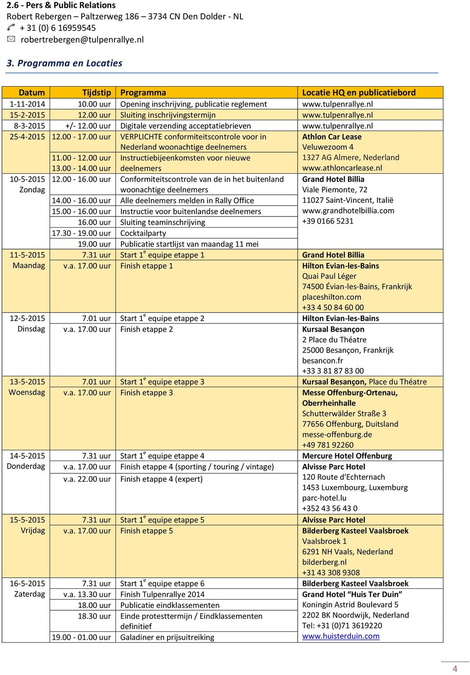 00 uur Sluiting inschrijvingstermijn www.tulpenrallye.nl 8-3-2015 +/- 12.00 uur Digitale verzending acceptatiebrieven www.tulpenrallye.nl 25-4-2015 12.00-17.00 uur 11.00-12.00 uur 13.00-14.