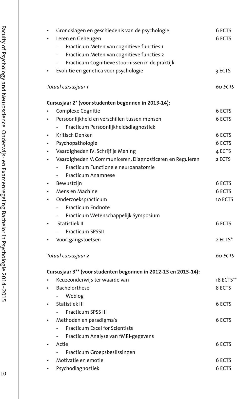 Cursusjaar 2* (voor studenten begonnen in 2013-14): Complexe Cognitie 6 ECTS Persoonlijkheid en verschillen tussen mensen 6 ECTS - Practicum Persoonlijkheidsdiagnostiek Kritisch Denken 6 ECTS