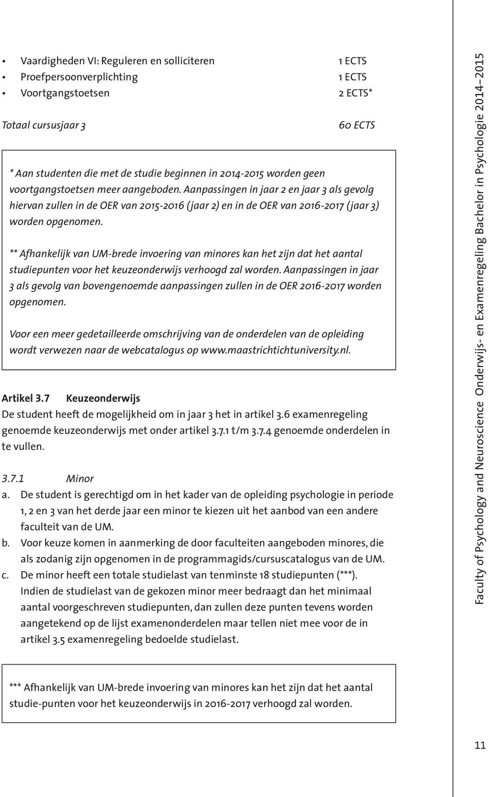 ** Afhankelijk van UM-brede invoering van minores kan het zijn dat het aantal studiepunten voor het keuzeonderwijs verhoogd zal worden.