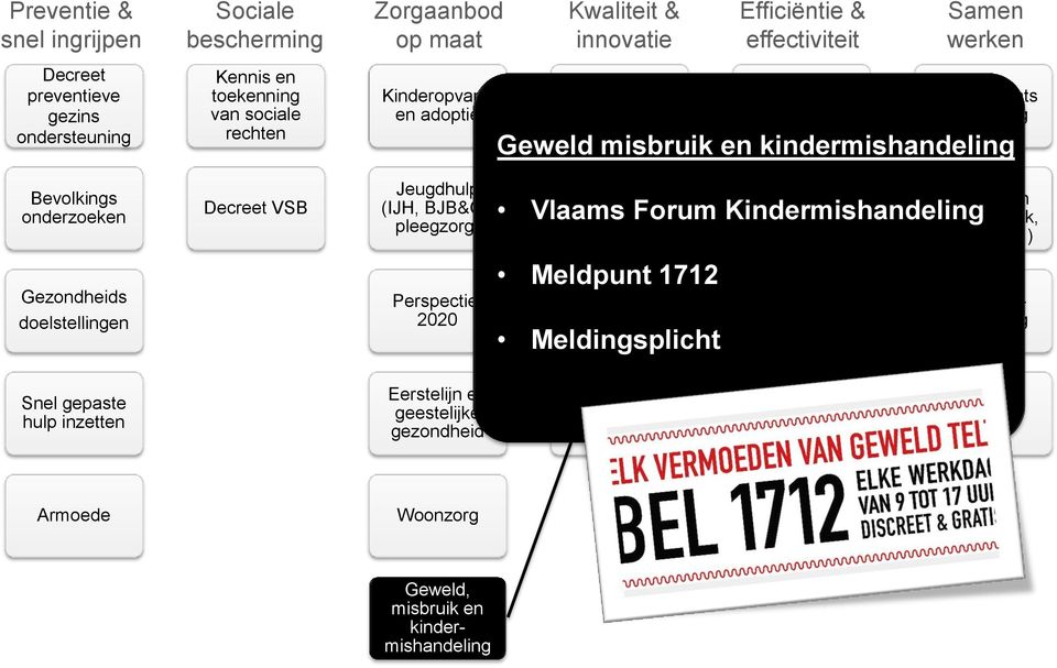 effectiviteit E-Zorgzaam Inspectie & toezicht Steunpunt WVG Samen werken Interne staats hervorming Geweld misbruik en kindermishandeling Synergiën (wonen, werk, onderwijs ) Vlaams Forum