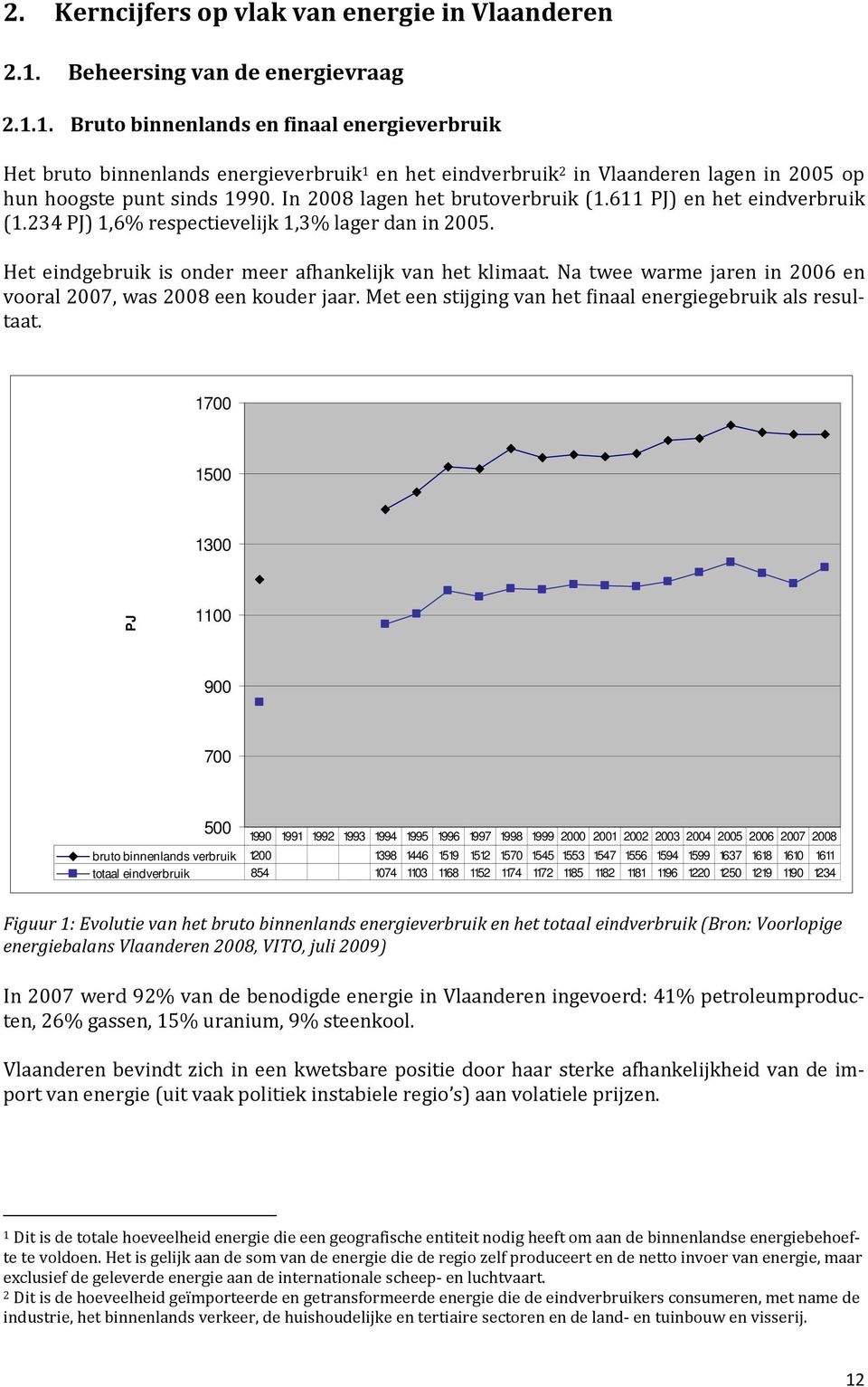 1. Bruto binnenlands en finaal energieverbruik Het bruto binnenlands energieverbruik 1 en het eindverbruik 2 in Vlaanderen lagen in 2005 op hun hoogste punt sinds 1990.
