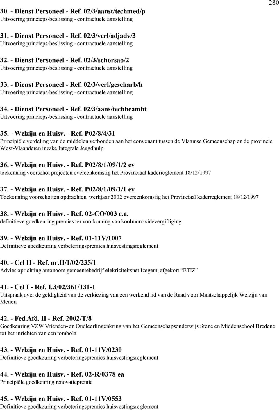 - Welzijn en Huisv. - Ref. P02/8/1/09/1/2 ev toekenning voorschot projecten overeenkomstig het Provinciaal kaderreglement 18/12/1997 37. - Welzijn en Huisv. - Ref. P02/8/1/09/1/1 ev Toekenning voorschotten opdrachten werkjaar 2002 overeenkomstig het Provinciaal kaderreglement 18/12/1997 38.