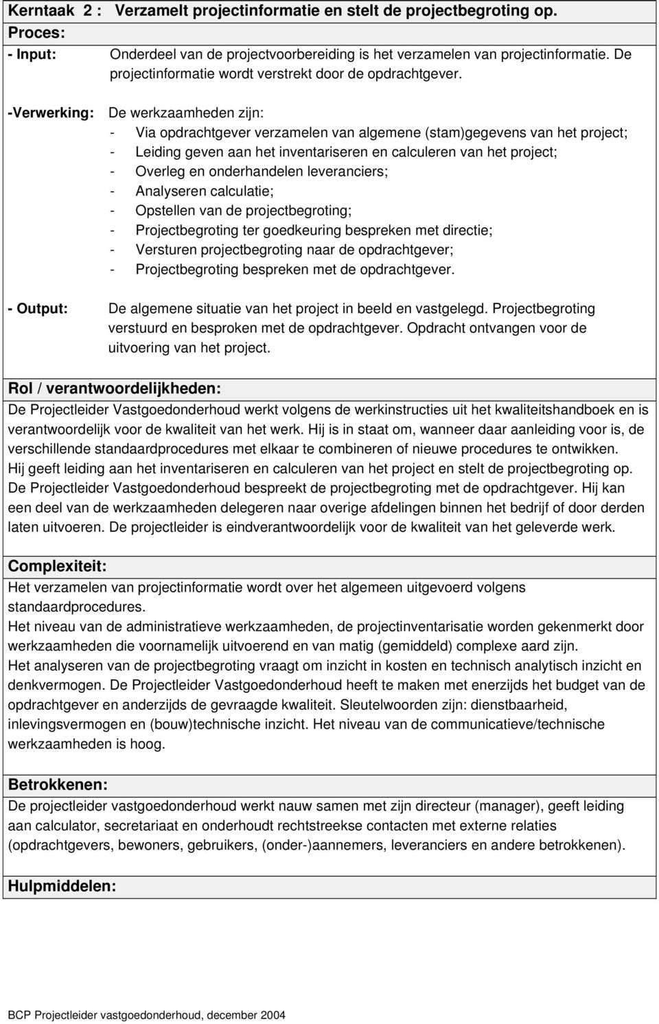 -Verwerking: De werkzaamheden zijn: - Via opdrachtgever verzamelen van algemene (stam)gegevens van het project; - Leiding geven aan het inventariseren en calculeren van het project; - Overleg en