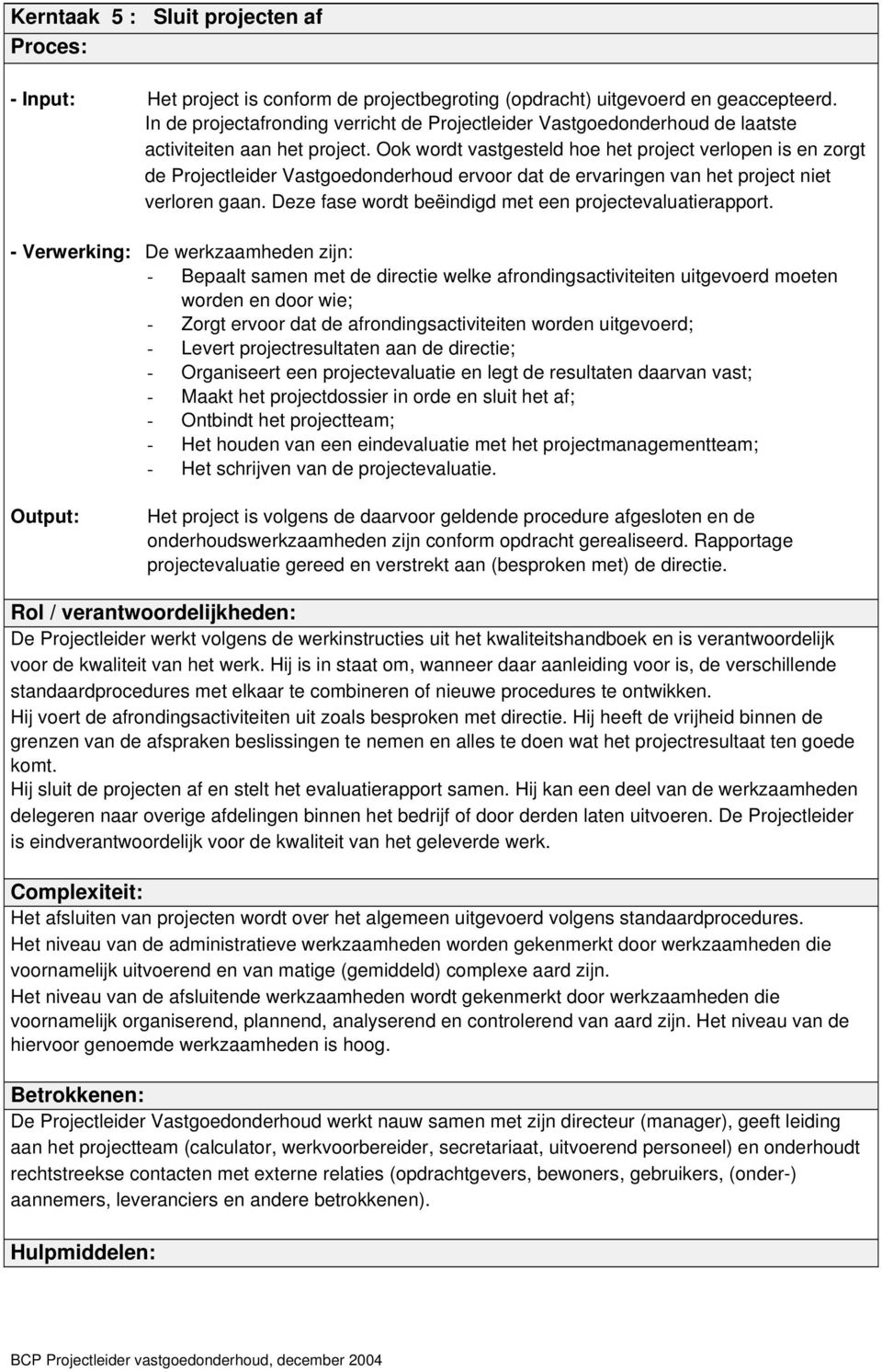 Ook wordt vastgesteld hoe het project verlopen is en zorgt de Projectleider Vastgoedonderhoud ervoor dat de ervaringen van het project niet verloren gaan.