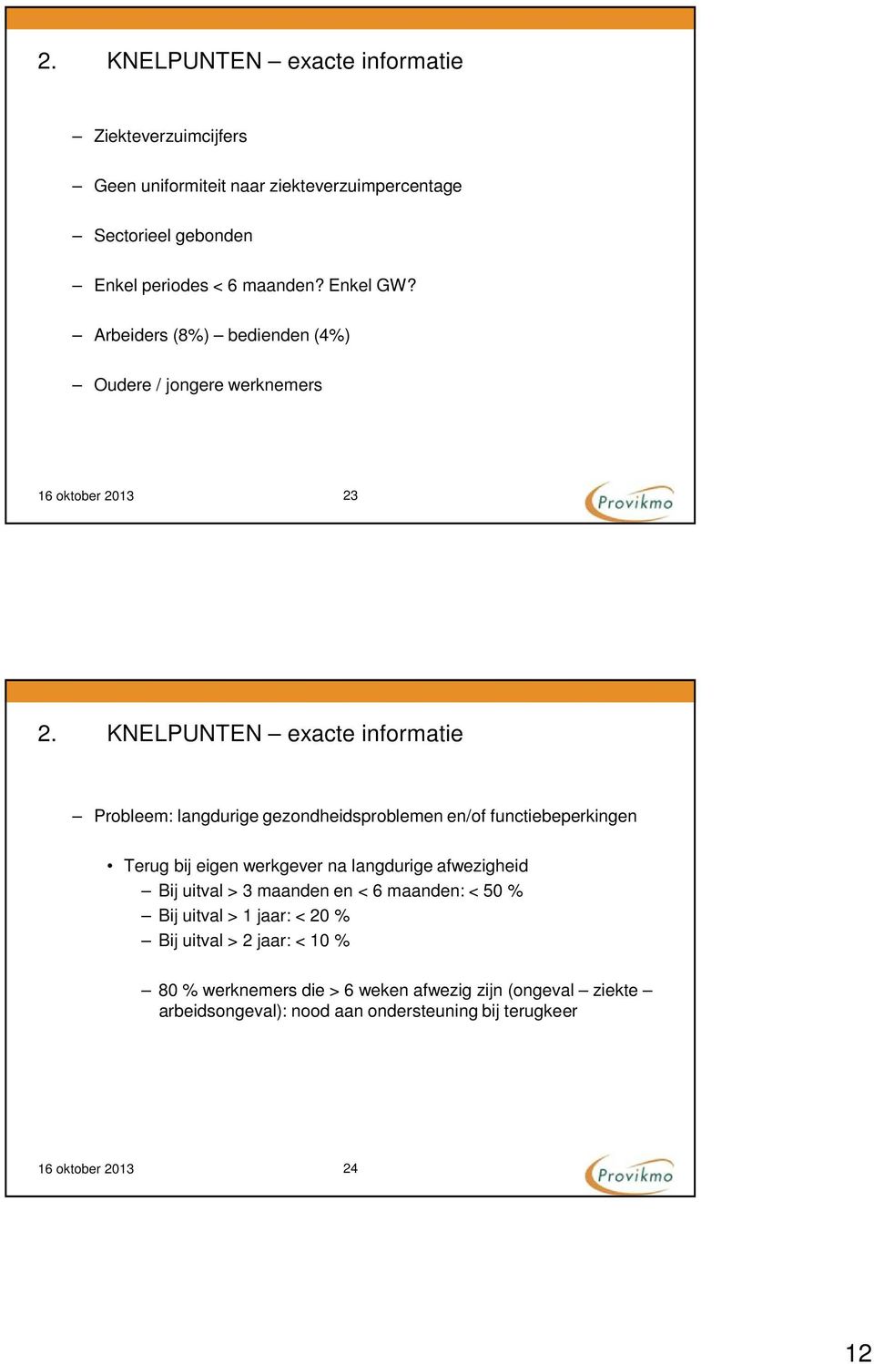 KNELPUNTEN exacte informatie Probleem: langdurige gezondheidsproblemen en/of functiebeperkingen Terug bij eigen werkgever na langdurige afwezigheid Bij