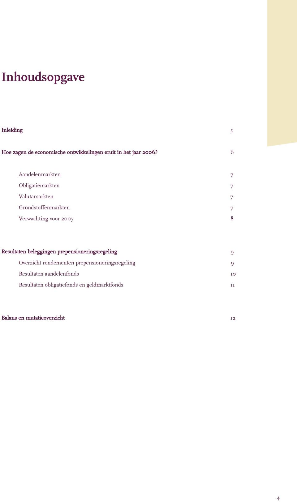 8 Resultaten beleggingen prepensioneringsregeling 9 Overzicht rendementen prepensioneringsregeling