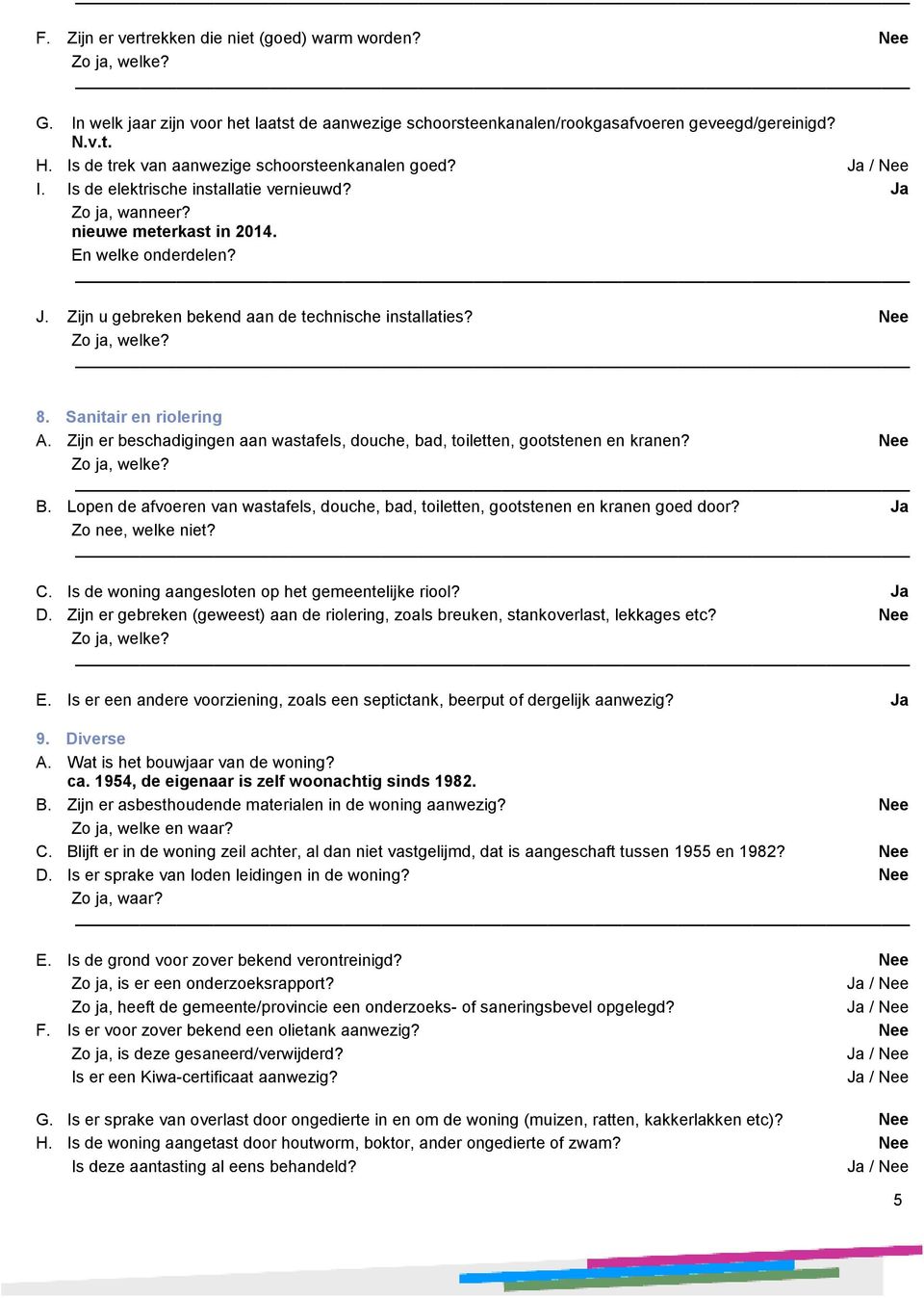 Zo ja, welke? 8. Sanitair en riolering A. Zijn er beschadigingen aan wastafels, douche, bad, toiletten, gootstenen en kranen? Zo ja, welke? B.