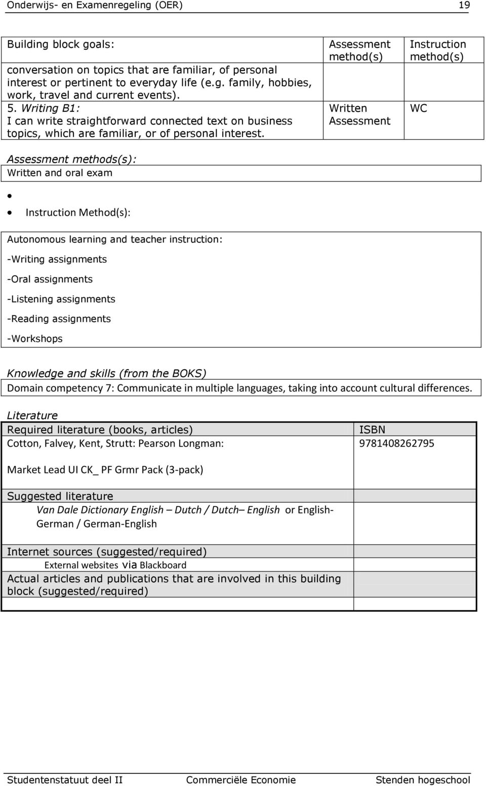 Assessment methods(s): Written and oral exam Assessment method(s) Written Assessment Instruction method(s) Instruction Method(s): Autonomous learning and teacher instruction: -Writing assignments