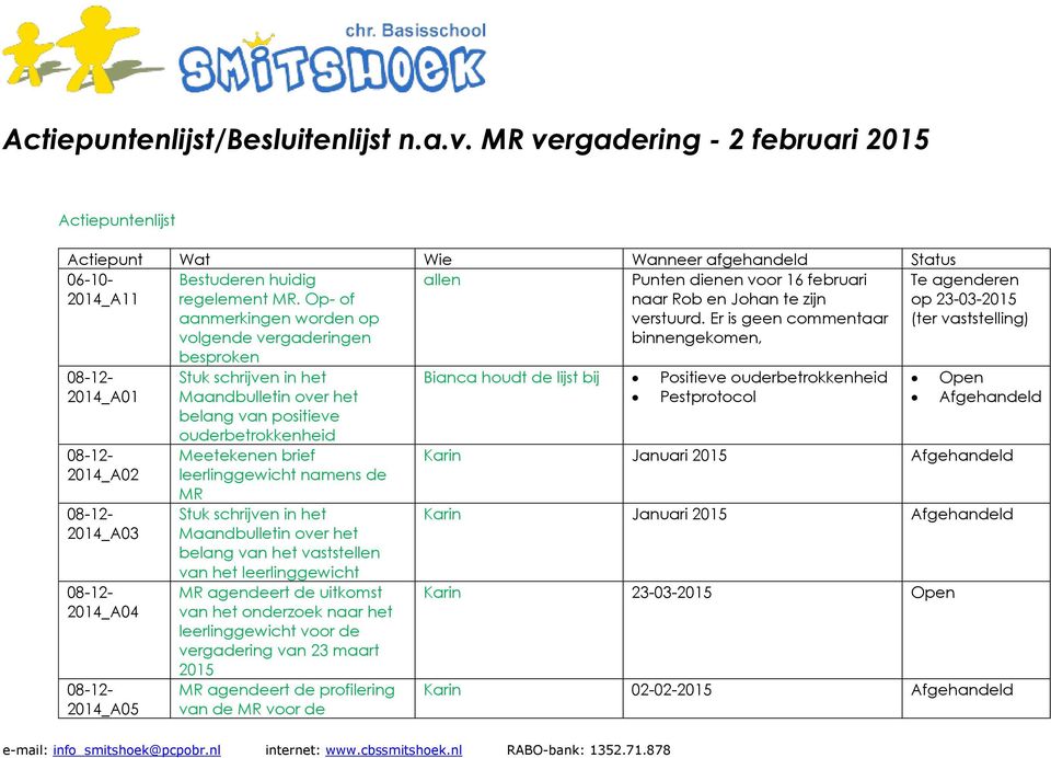 Op- of aanmerkingen worden op volgende vergaderingen besproken Stuk schrijven in het Maandbulletin over het belang van positieve ouderbetrokkenheid Meetekenen brief leerlinggewicht namens de MR Stuk