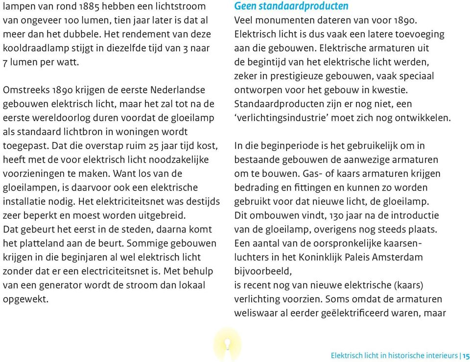 Omstreeks 1890 krijgen de eerste Nederlandse gebouwen elektrisch licht, maar het zal tot na de eerste wereldoorlog duren voordat de gloeilamp als standaard lichtbron in woningen wordt toegepast.